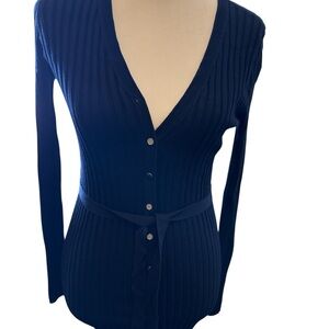 Ann Taylor Cardigan Sweater Womens Sz S Tie Front Bottom Blue Ribbed Deep VNeck